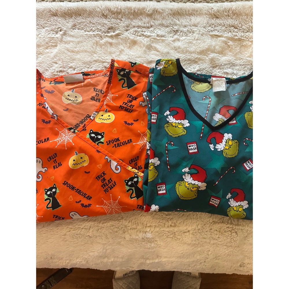 Lot 2 Holiday Scrub Tops Scrubstar Halloween Orange Dr Seuss Grinch 2XL